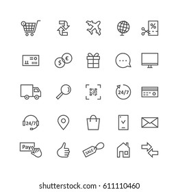 simple black thin line icons for ecommerce and shopping. concept of supply of goods by air plane, website advertising and transaction process on white. stroke style like modern ui logo graphic design