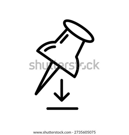 Simple black thumbtack icon with downward arrow on white background, symbolizing attachment or pinning.