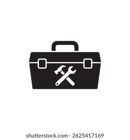 Simple black toolbox icon with hammer and wrench silhouette perfect for repair service, construction, maintenance, or tool-related design projects.
