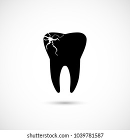 Simple black tooth icon with caries problems. Dentistry illustration isolated on white background. Vector illustration for your graphic design.