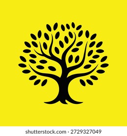 Una silueta de árbol negro simple con muchas hojas sobre un fondo amarillo brillante vibrante, perfecto para el diseño y la decoración