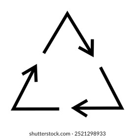 Simple black triangular symbol composed of three arrows arranged in a cyclic manner, signifying the recycle process. Ideal for sustainability, environmentalism, waste management, eco-friendliness, and