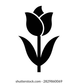 Simple black tulip flower silhouette icon on white background. Minimalist botanical design suitable for spring themes, gardening, floristry, and logo branding.