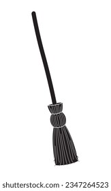 Einfaches schwarzes Zweigbrom einzeln auf weißem Hintergrund. Broomstick-Silhouette. Janitor-Symbol Traditionelles Halloween-Symbol, Hexenwerkzeug. Monochrome, Vektorflache Illustration.