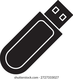 Um simples ícone de unidade flash USB preto com contorno branco, orientação diagonal, em um fundo branco puro