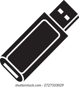 Un simple icono de unidad flash USB negro con un contorno blanco, aislado en un fondo blanco puro, con un diseño elegante y moderno