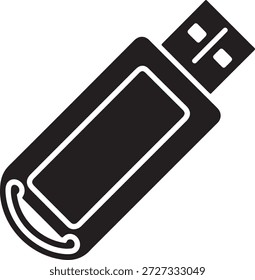 Un simple icono de unidad flash USB negro con contorno blanco sobre un fondo blanco puro, que representa el almacenamiento de datos y la tecnología