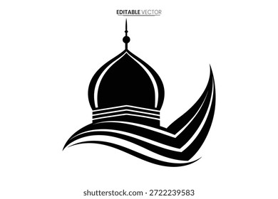 Gráfico de Vector negro simple que representa una cúpula de mezquita con líneas fluidas y artísticas y un estilo limpio.