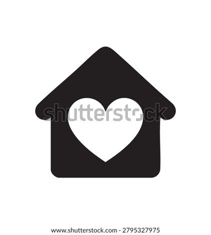 A simple black vector graphic of a house with a heart cutout, symbolizing love for home or real estate