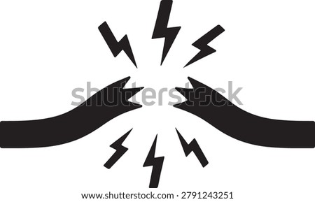 Simple black vector graphic illustration depicting a high voltage electrical cable that has been snapped in half with sharp jagged edges and several bright electric sparks radiating outwards from the center point of the break to signify a severe power failure or dangerous circuit disconnection shown on white background