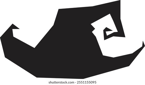 Simple black vector graphic representing a curled elf shoe, symbolizing christmas celebrations and holiday cheer, isolated on a white background