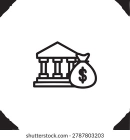 A simple black vector icon of a bank building with a money bag and dollar sign, representing financial services and banking concepts.