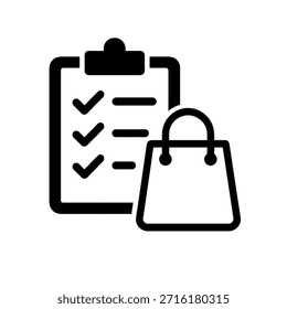 Simple black vector icon of a clipboard checklist with a shopping bag, representing shopping list, order management, task completion, retail planning, and ecommerce processes. Isolated on white background.