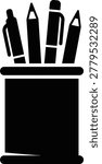 A simple black vector icon depicting a pen holder with several writing utensils