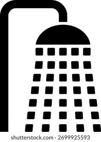 Um simples ícone de vetor preto que representa uma cabeça de chuveiro com gotas de água sobre um fundo branco, representando higiene, banho ou instalações de banheiro.