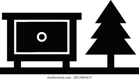 A simple black vector icon depicting a small cabin or shed structure standing next to a coniferous pine tree, isolated on a white background.