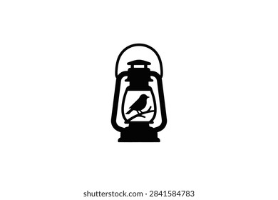 A simple black vector icon depicting an antique lantern containing a small bird perched on a twig inside the glass.