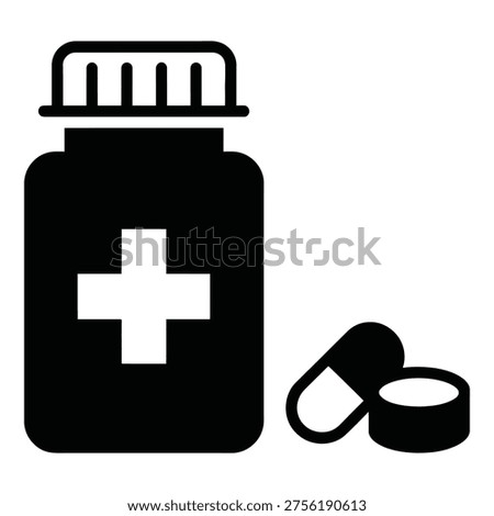 Simple black vector icon depicting a pharmaceutical pill bottle with a medical cross and two capsules, perfect for health related designs.