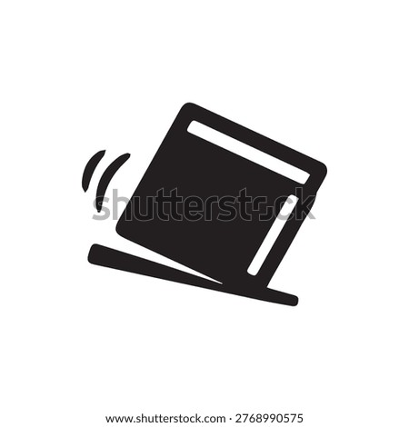 A simple black vector icon depicting a book or block tilting and falling with motion lines. Perfect for illustrating concepts of disruption instability or data events.