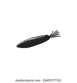 Um simples ícone de vetor preto representa uma única cenoura com textura detalhada, isolada contra um fundo branco nítido, tornando-a ideal para projetos minimalistas.