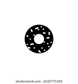 Simple black vector icon of a donut with sprinkles, representing sweet treats and bakery goods