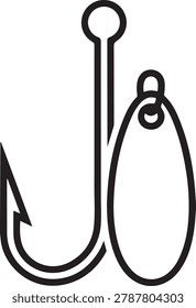 Simple black vector icon of a fishing hook, sinker, and handle for fishing-related graphics and designs
