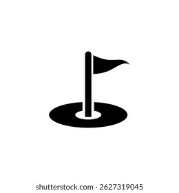 Simple black vector icon of a golf flag in a hole, representing a golf course or game