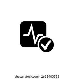 Simple black vector icon of heartbeat graph with checkmark, representing health examination