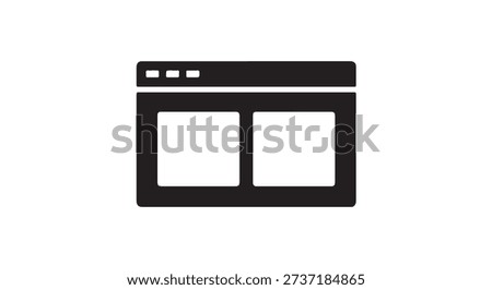 Simple black vector icon illustrating a web browser window featuring a title bar and two empty rectangular content areas, representing a dual panel design or split view.