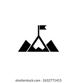 Simple black vector icon of a mountain peak with a flag on top, representing achievement and success