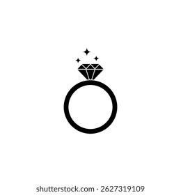 Simple black vector icon of a ring with diamond and sparkles, representing engagement
