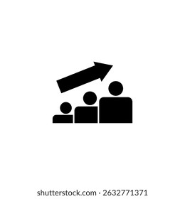 Simple black vector icon showing increasing figures with an arrow, representing team growth