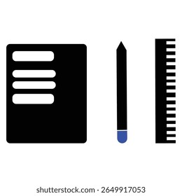 Simple black vector icons of stationery tools like notebook, pen, and ruler.