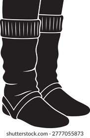 Simple black vector illustration of knee-high boots featuring ribbed cuffs and sturdy soles.
