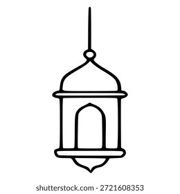 Um simples esboço vetorial preto de uma lanterna islâmica tradicional, suspensa por uma linha fina, com uma abertura arqueada decorativa e uma base pontiaguda, isolada sobre um fundo branco.