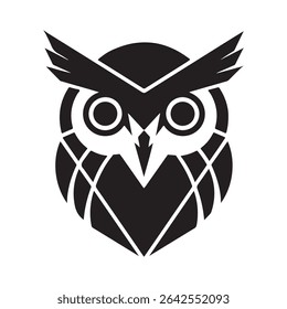 Cabeça de coruja de vetor preto simples com linhas afiadas e proporções equilibradas, perfeito para logotipos de marca moderna ou temas educacionais.