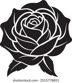 Simple black vector rose, white background, stencil cut-out style, simple design, high contrast, flat color, vector art.