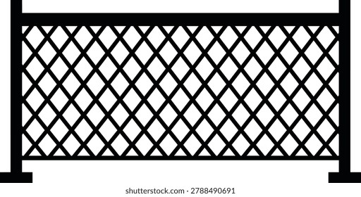 A simple black vector silhouette of a fence panel featuring a cross-hatch or diamond lattice design between two posts.