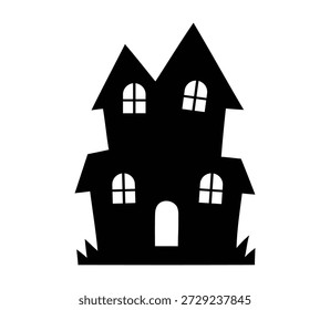 A simple, black vector silhouette graphic depicting a classic haunted house design, perfect for Halloween themes, parties, or spooky seasonal decorations.