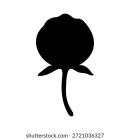 Simple black vector silhouette of a plump peony flower bud atop a curved stem with visible sepals.