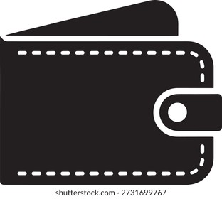 Simple black wallet icon with snap closure and dashed stitching detail on a white background symbolizing finance and payment methods.