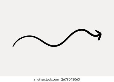 Flecha ondulada negra simple sobre un fondo blanco. Flecha ondulada que apunta a la derecha. Diseño minimalista con una flecha ondulada. Perfecto para presentaciones o infografías. Vector de elemento de diseño.