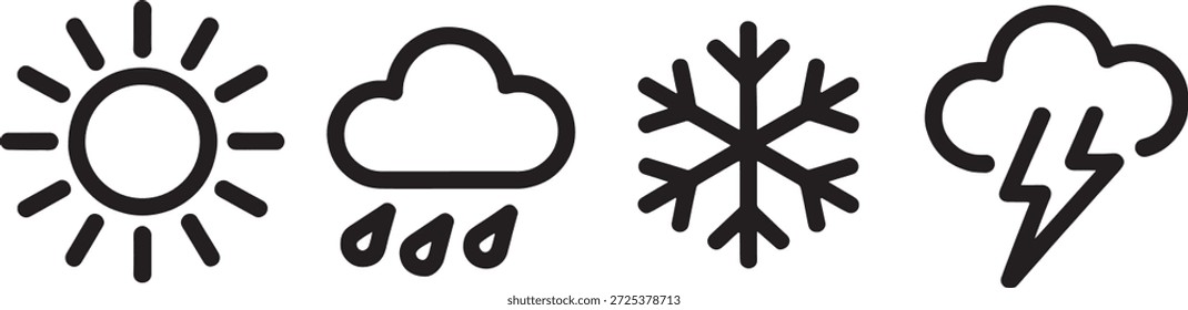 Ícones pretos simples representando sol, nuvens de chuva, flocos de neve e trovoadas com raios sobre um fundo branco, simbolizando várias condições climáticas para representação visual.