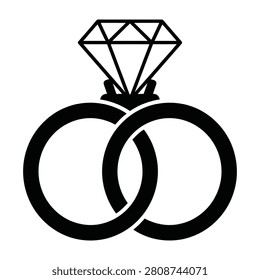 Simple black wedding rings with diamond on white background symbolizing love and marriage