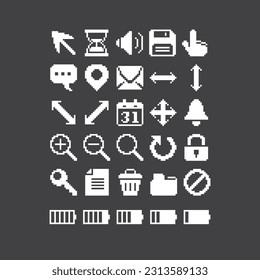 Simple black and white 1bit pixel art minimalistic set of PC toolbar interface icons