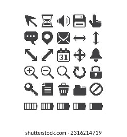 Simple black and white 1bit pixel art minimalistic set of PC toolbar interface icons