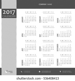 Simple black and white 2017 calendar, planner, organizer and schedule template for companies and private use