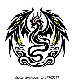 A simple black and white 2D of a dragon with wings, featuring bold, flowing lines and minimal details. The dragon is depicted in a dynamic, upward flight position.