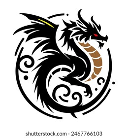 A simple black and white 2D of a dragon with wings, featuring bold, flowing lines and minimal details. The dragon is depicted in a dynamic, upward flight position.