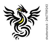 A simple black and white 2D Vector of a mythical dragon-like creature with wings. The design is bold, clear, and symmetrical, resembling a traditional tattoo.